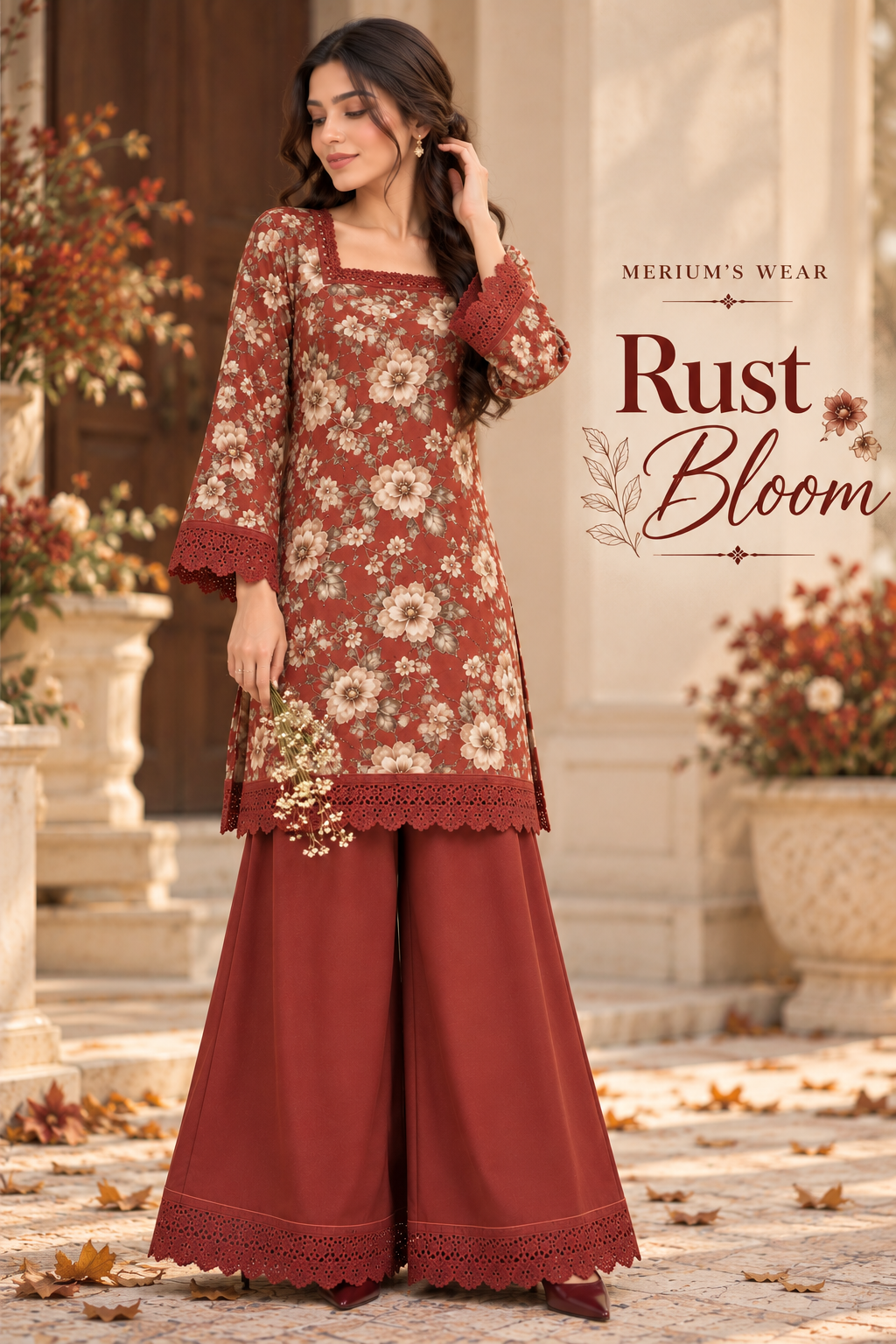 🍂 Rust Bloom – 2PC Printed Linen Shirt & Trouser | Unstitched Collection by Merium’s Wear 🌸