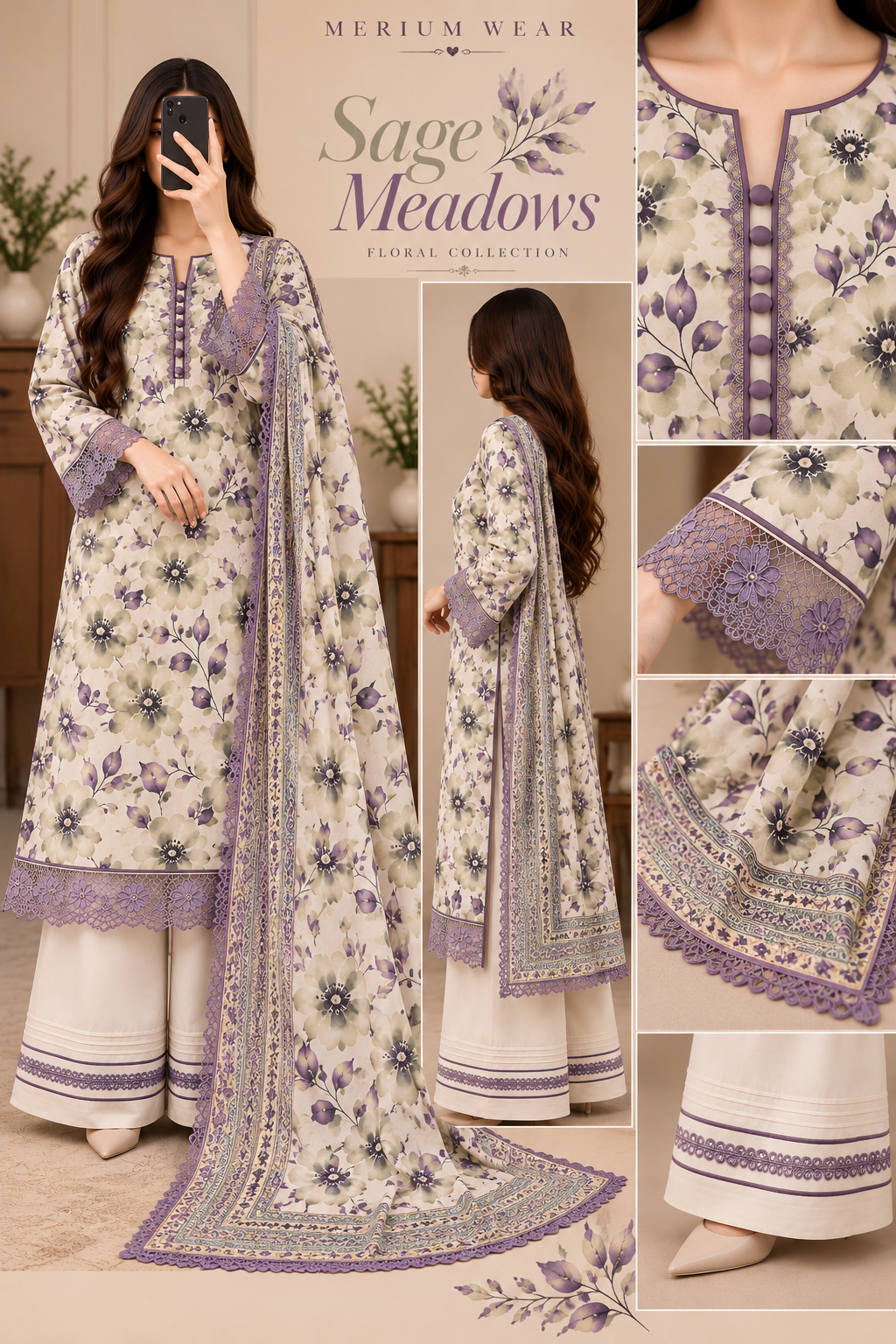 🌿✨ Sage Meadows – 3PC Printed Karandi Unstitched Suit 💜🌸 | Merium’s Wear 🤍👗