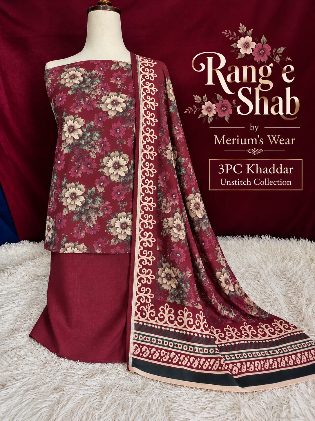 🌙✨ Rang-e-Shab – Premium 3PC Khaddar Unstitched Suit 🌸🖤 | Merium’s Wear 👗💫
