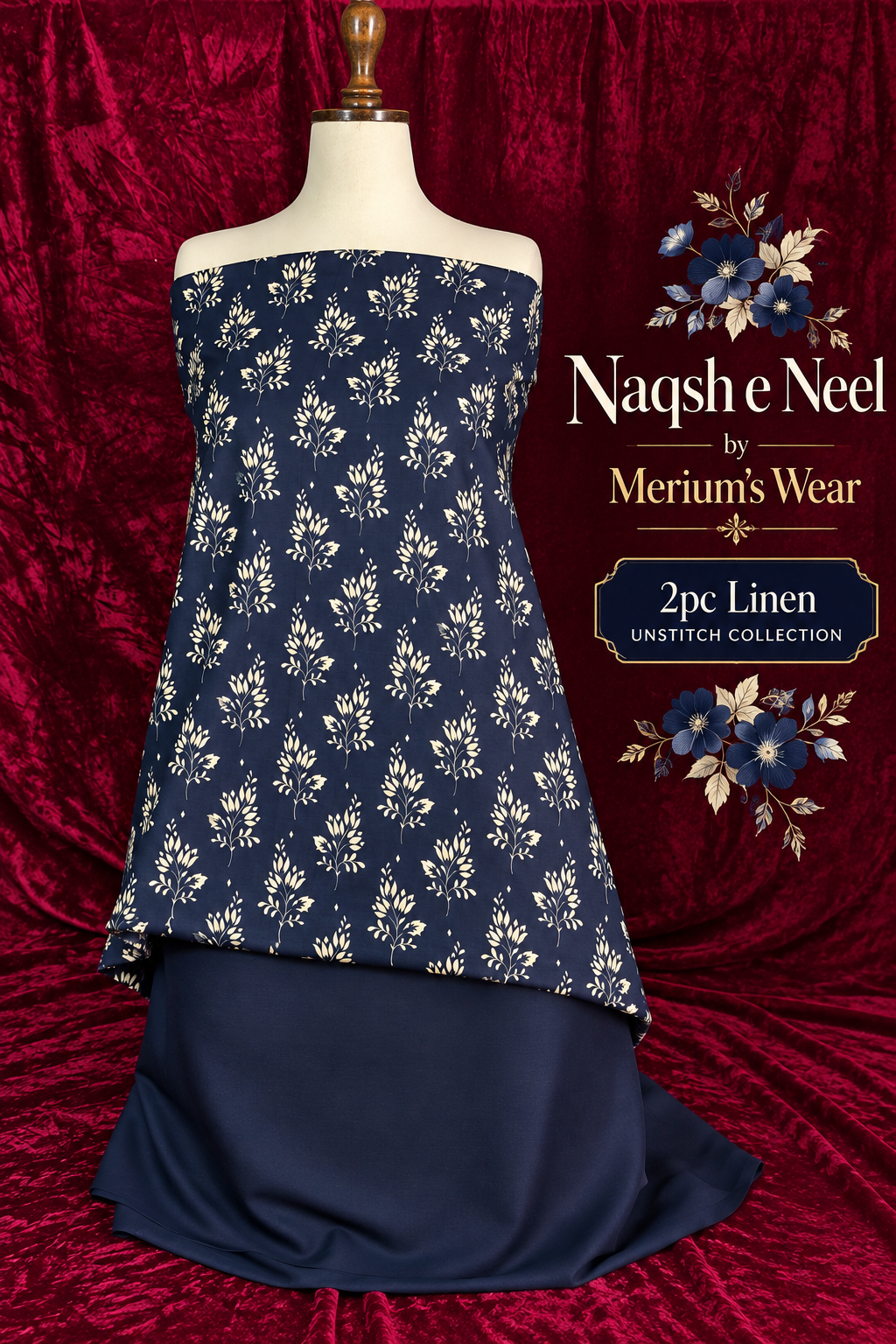 💙 Naqsh E Neel – 2PC Linen Unstitched Collection | Merium’s Wear ✨