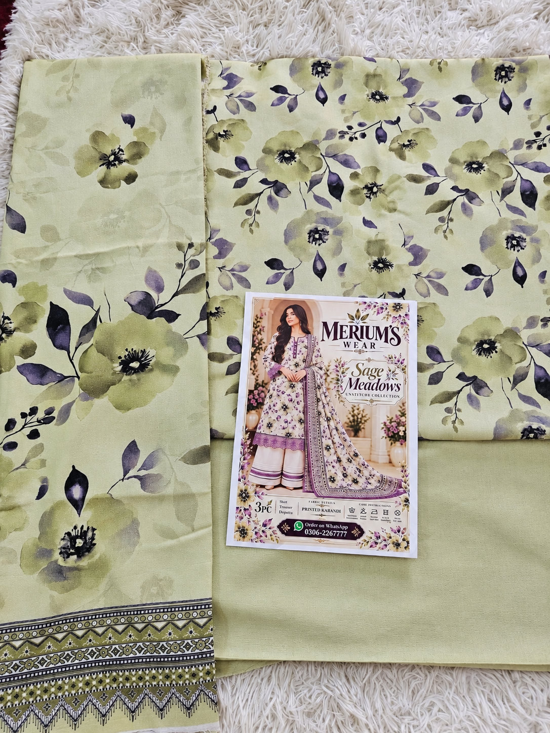 🌿✨ Sage Meadows – 3PC Printed Karandi Unstitched Suit 💜🌸 | Merium’s Wear 🤍👗