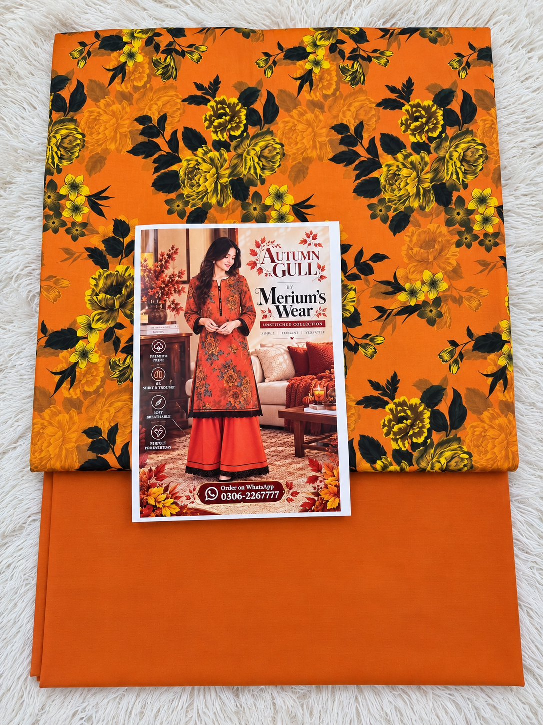🍂 Autumn Gull – By Merium’s Wear 🧡🖤 Unstitched 2PC Linen Collection