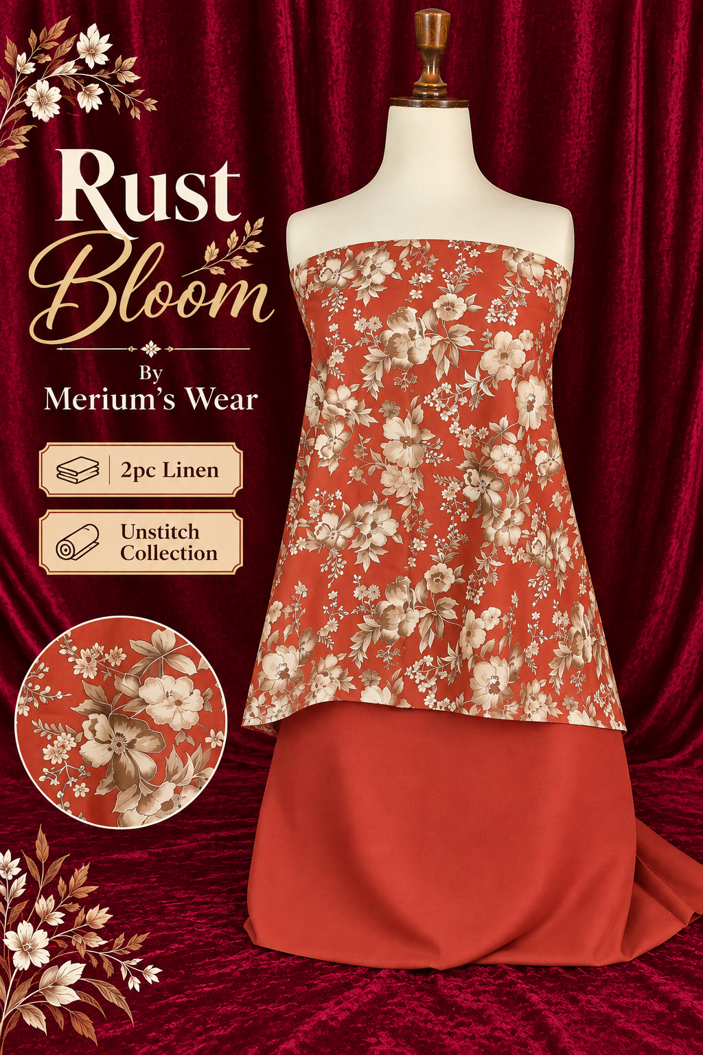 🍂 Rust Bloom – 2PC Printed Linen Shirt & Trouser | Unstitched Collection by Merium’s Wear 🌸