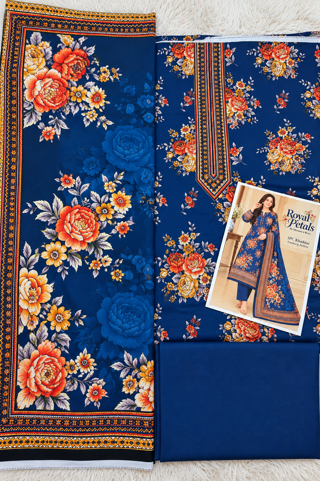 🌸 Royal Petals – 3PC Khaddar Unstitched Suit | Merium’s Wear 💙✨
