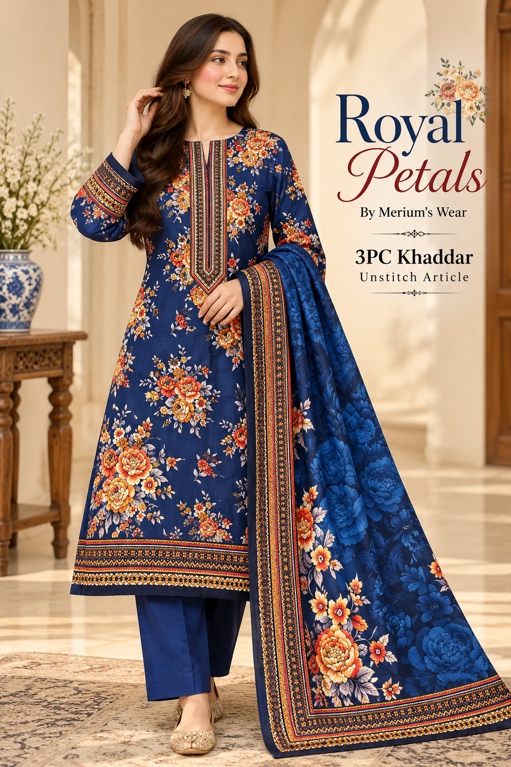 🌸 Royal Petals – 3PC Khaddar Unstitched Suit | Merium’s Wear 💙✨