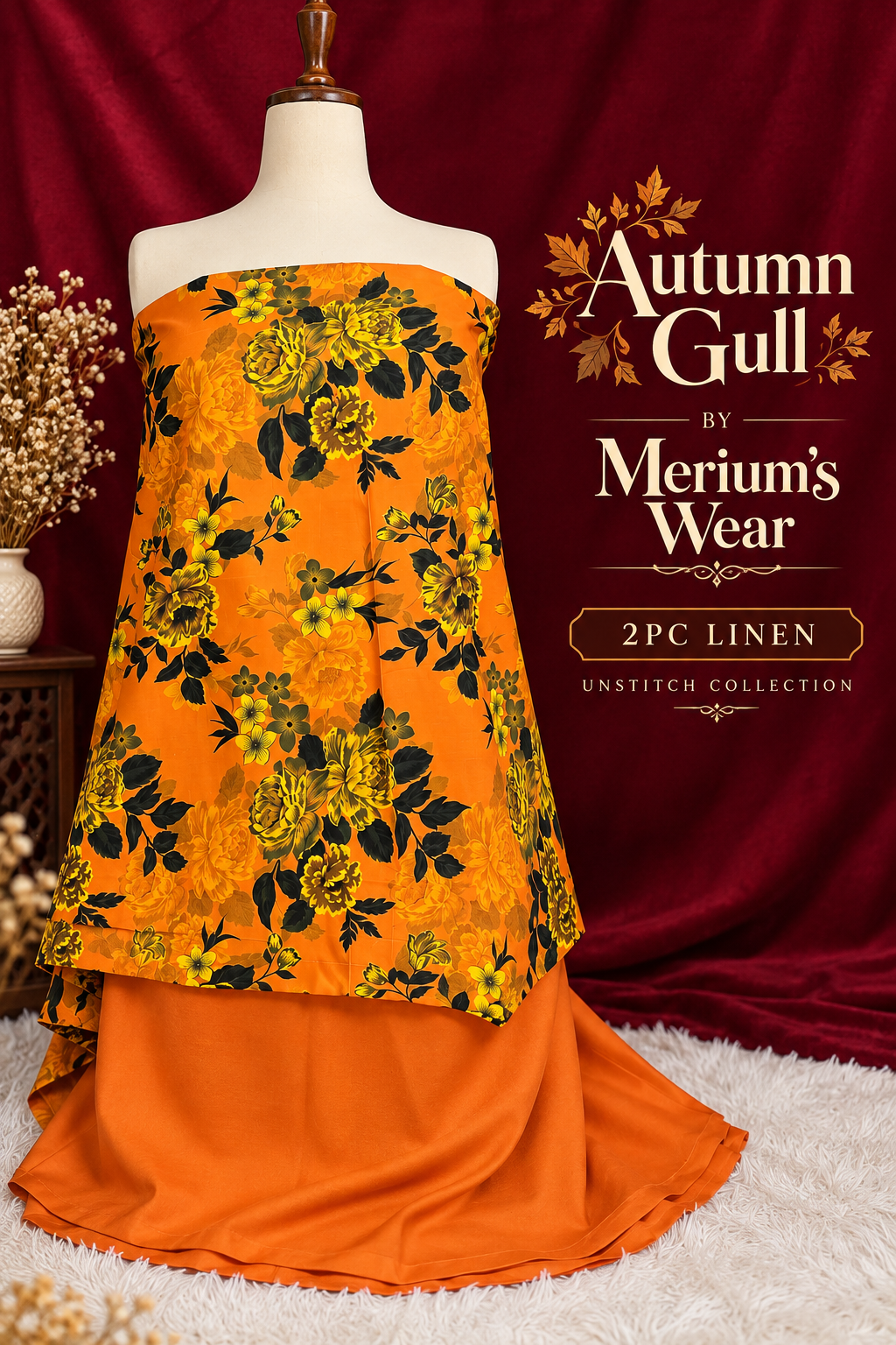 🍂 Autumn Gull – By Merium’s Wear 🧡🖤 Unstitched 2PC Linen Collection
