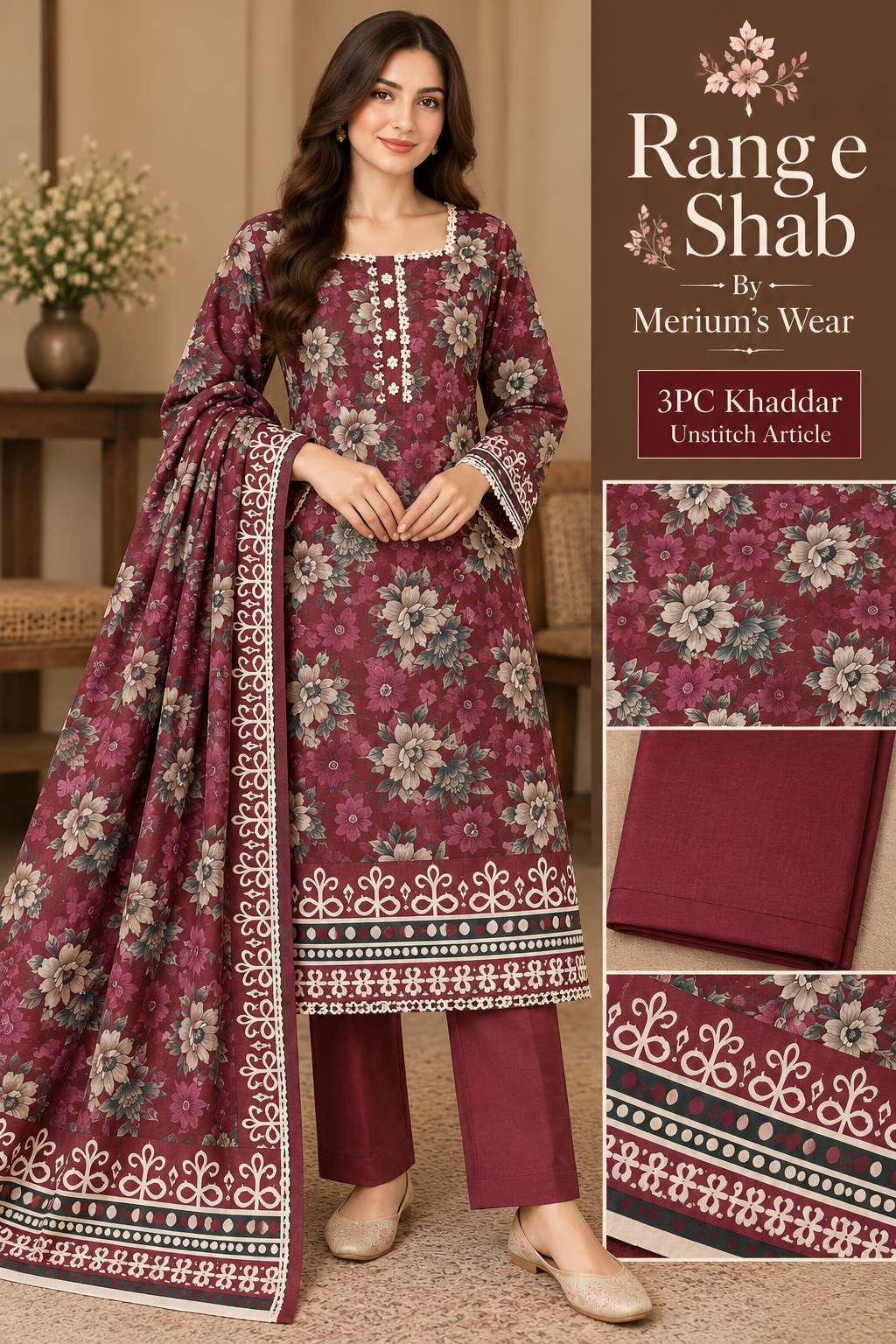 🌙✨ Rang-e-Shab – Premium 3PC Khaddar Unstitched Suit 🌸🖤 | Merium’s Wear 👗💫