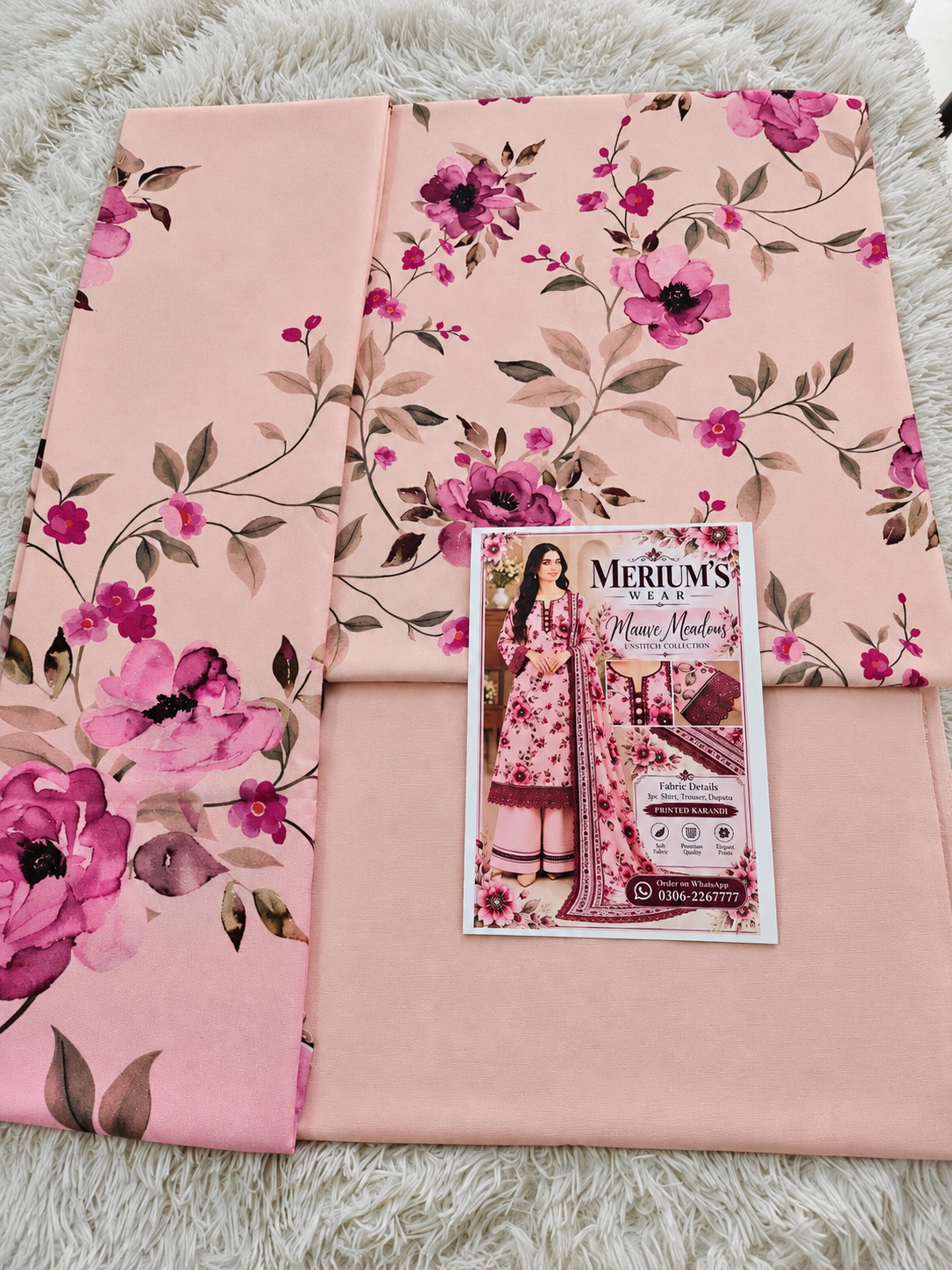 🌸 Mauve Meadows – 3PC Printed Karandi Unstitched Suit | Merium’s Wear 💜