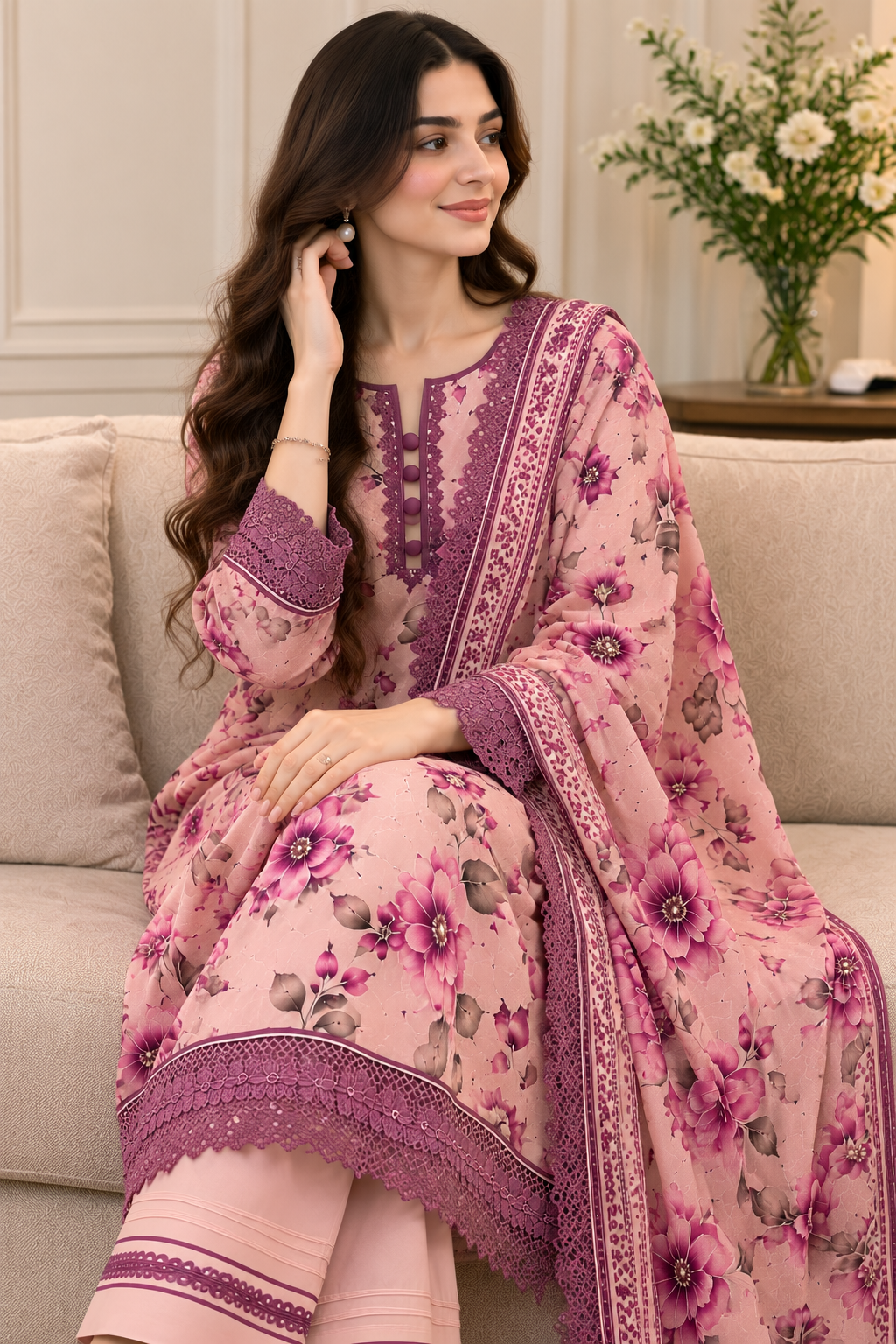 🌸 Mauve Meadows – 3PC Printed Karandi Unstitched Suit | Merium’s Wear 💜