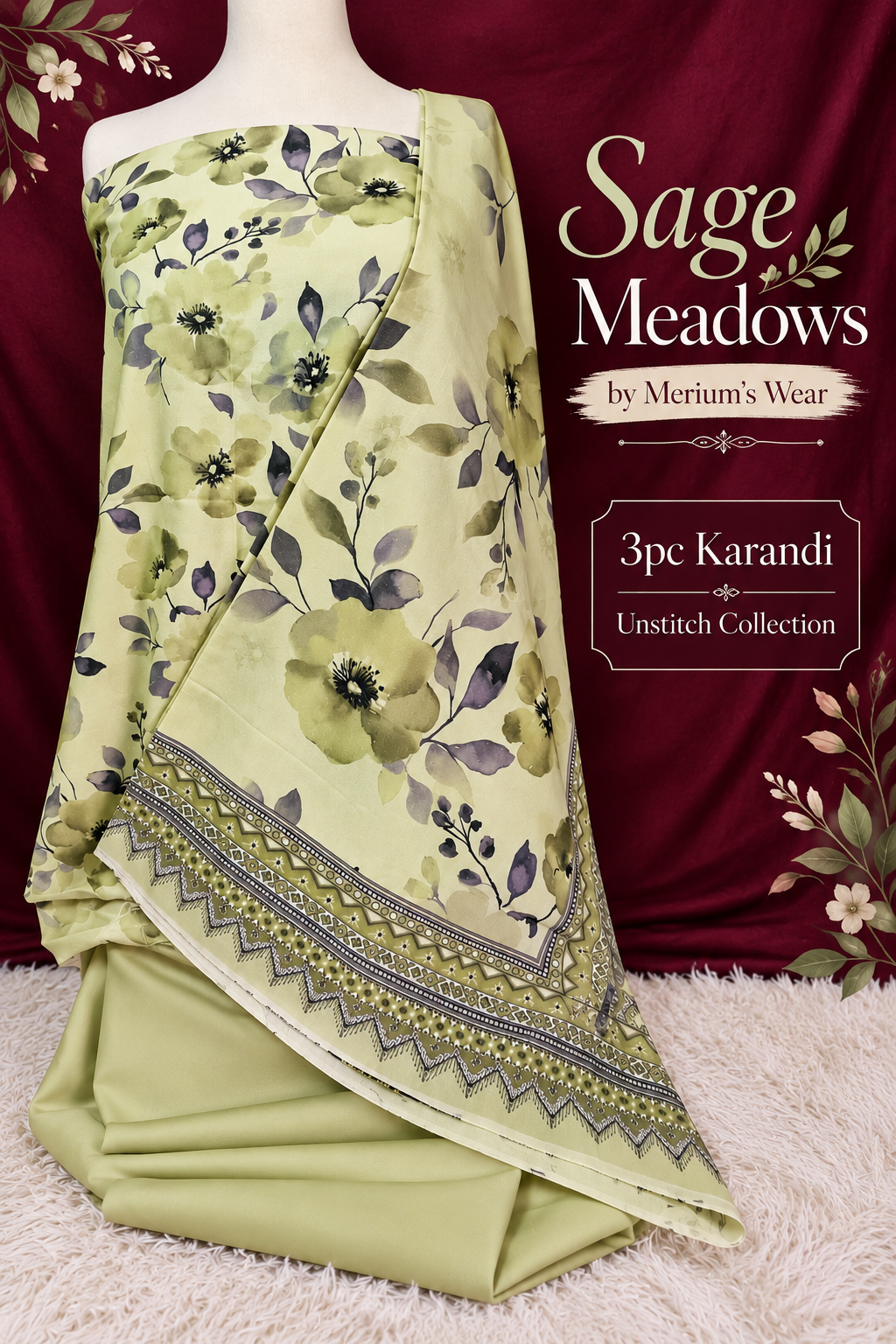 🌿✨ Sage Meadows – 3PC Printed Karandi Unstitched Suit 💜🌸 | Merium’s Wear 🤍👗
