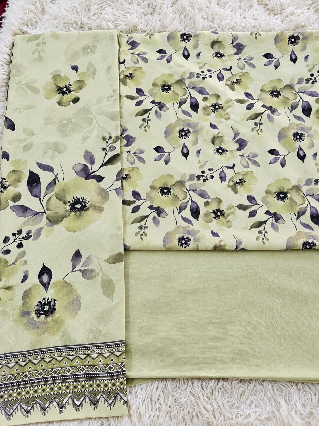 🌿✨ Sage Meadows – 3PC Printed Karandi Unstitched Suit 💜🌸 | Merium’s Wear 🤍👗