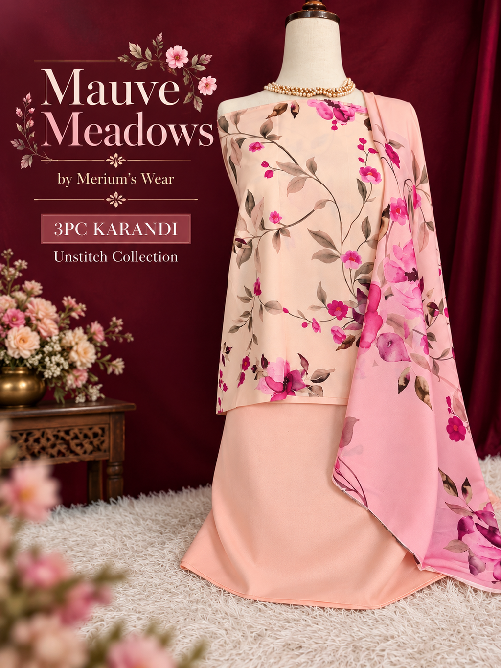🌸 Mauve Meadows – 3PC Printed Karandi Unstitched Suit | Merium’s Wear 💜