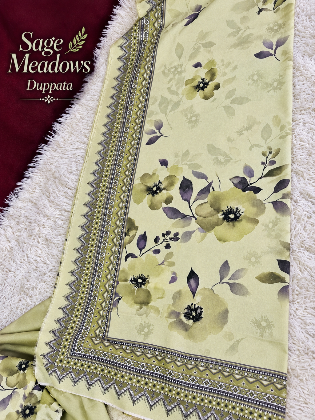 🌿✨ Sage Meadows – 3PC Printed Karandi Unstitched Suit 💜🌸 | Merium’s Wear 🤍👗