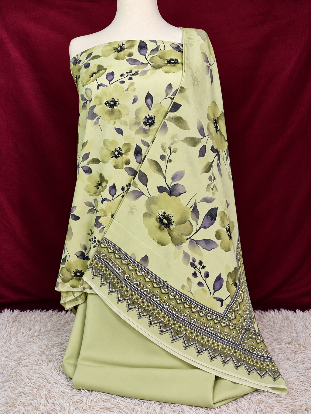 🌿✨ Sage Meadows – 3PC Printed Karandi Unstitched Suit 💜🌸 | Merium’s Wear 🤍👗