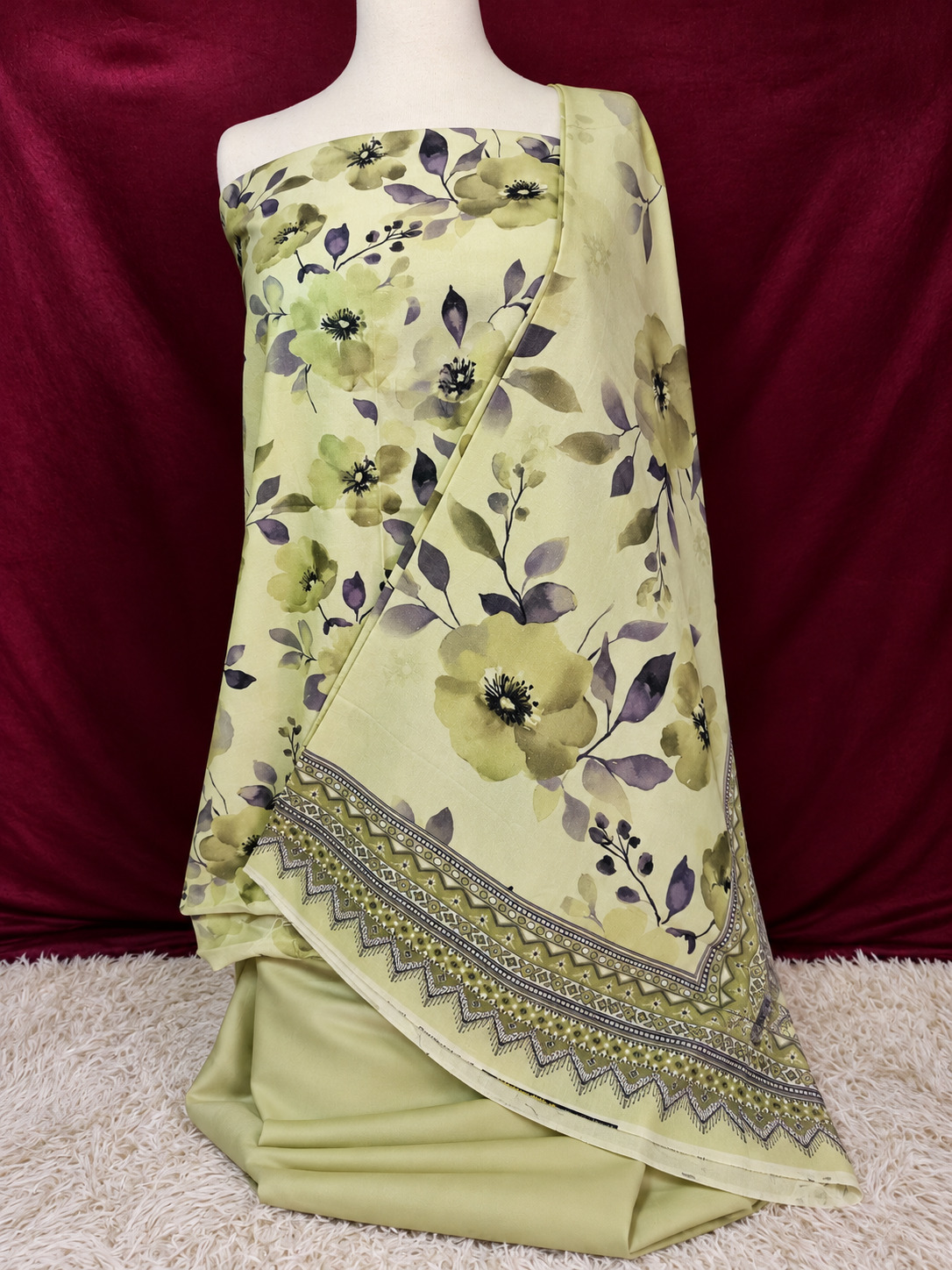 🌿✨ Sage Meadows – 3PC Printed Karandi Unstitched Suit 💜🌸 | Merium’s Wear 🤍👗