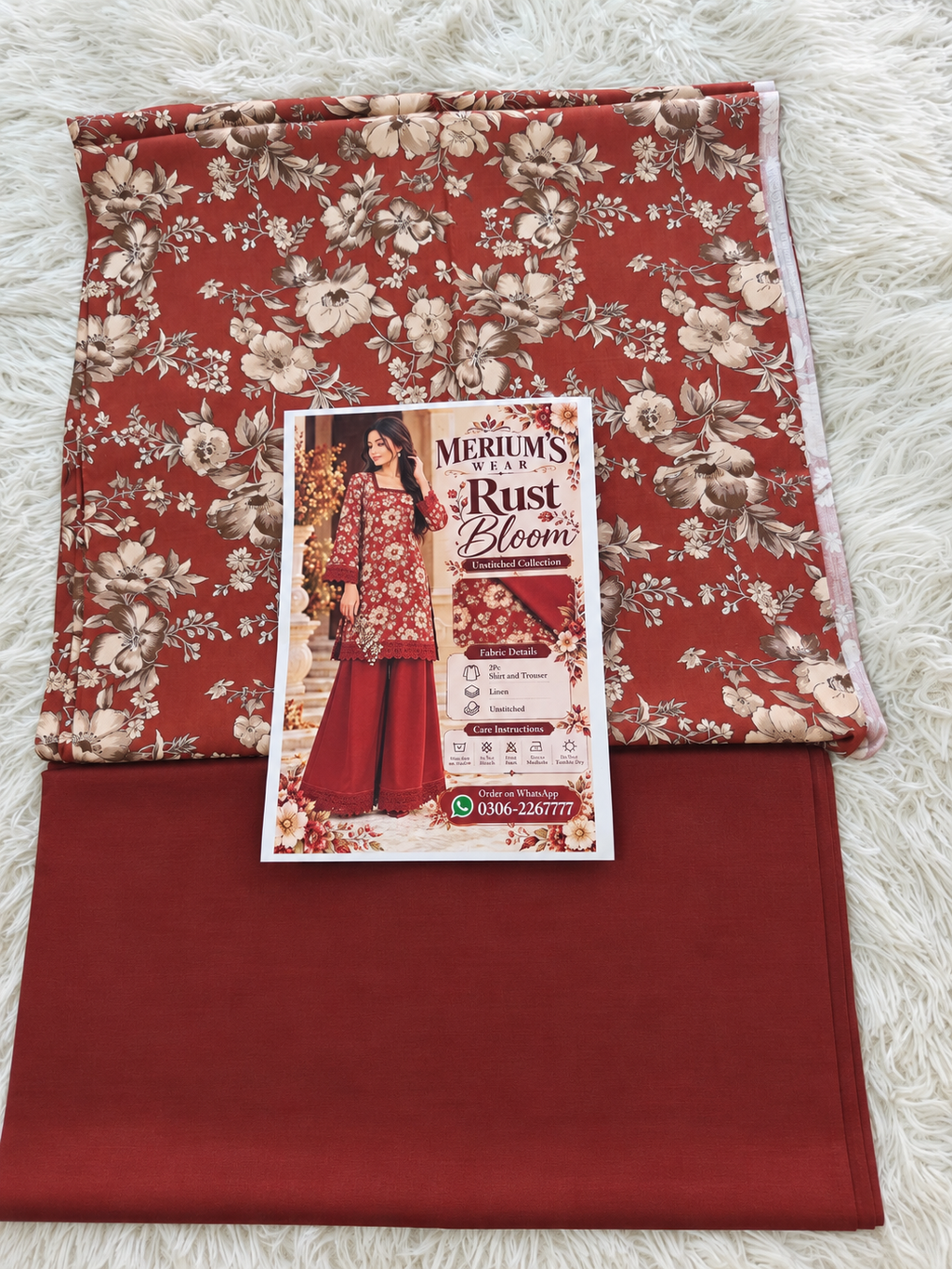 🍂 Rust Bloom – 2PC Printed Linen Shirt & Trouser | Unstitched Collection by Merium’s Wear 🌸