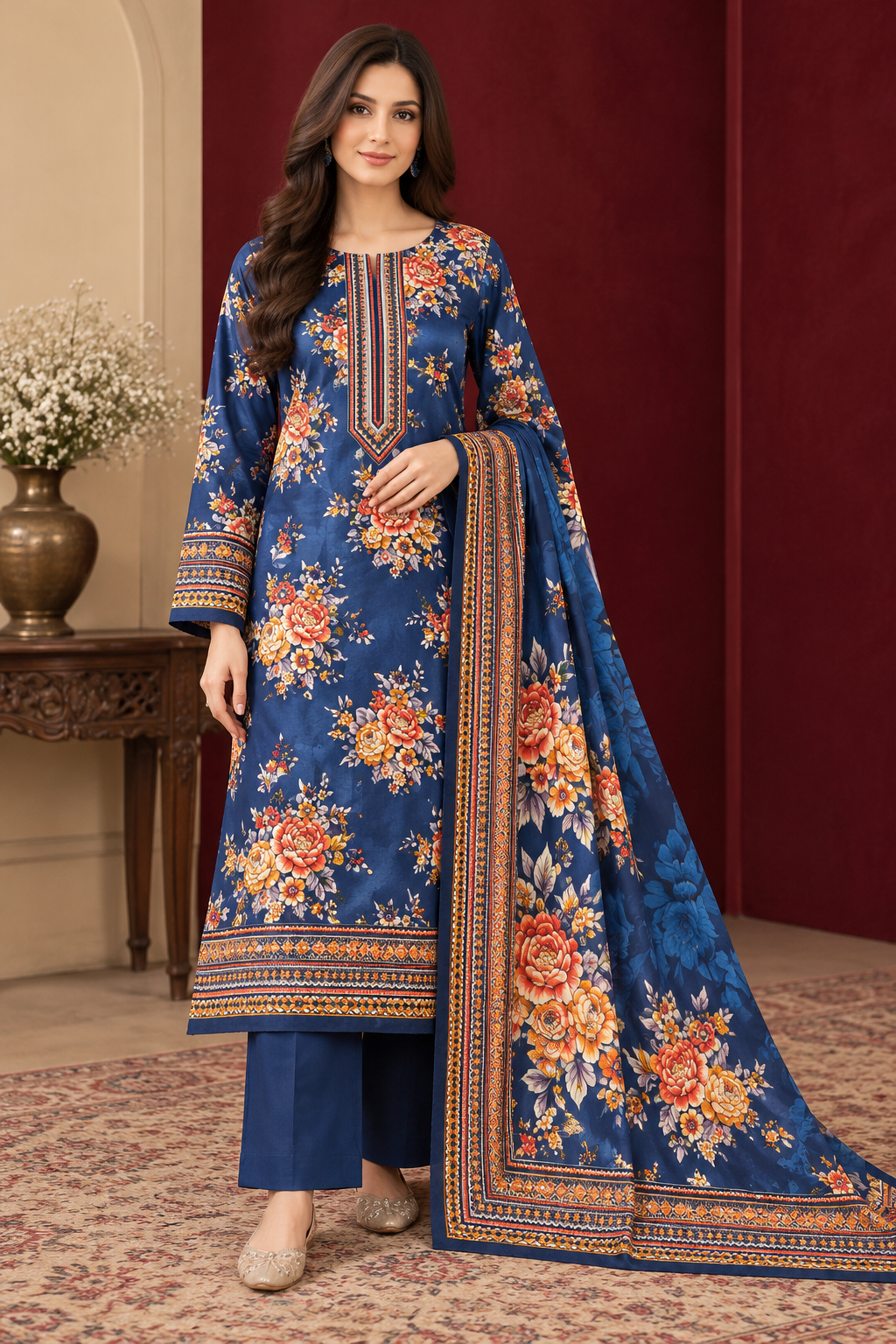 🌸 Royal Petals – 3PC Khaddar Unstitched Suit | Merium’s Wear 💙✨