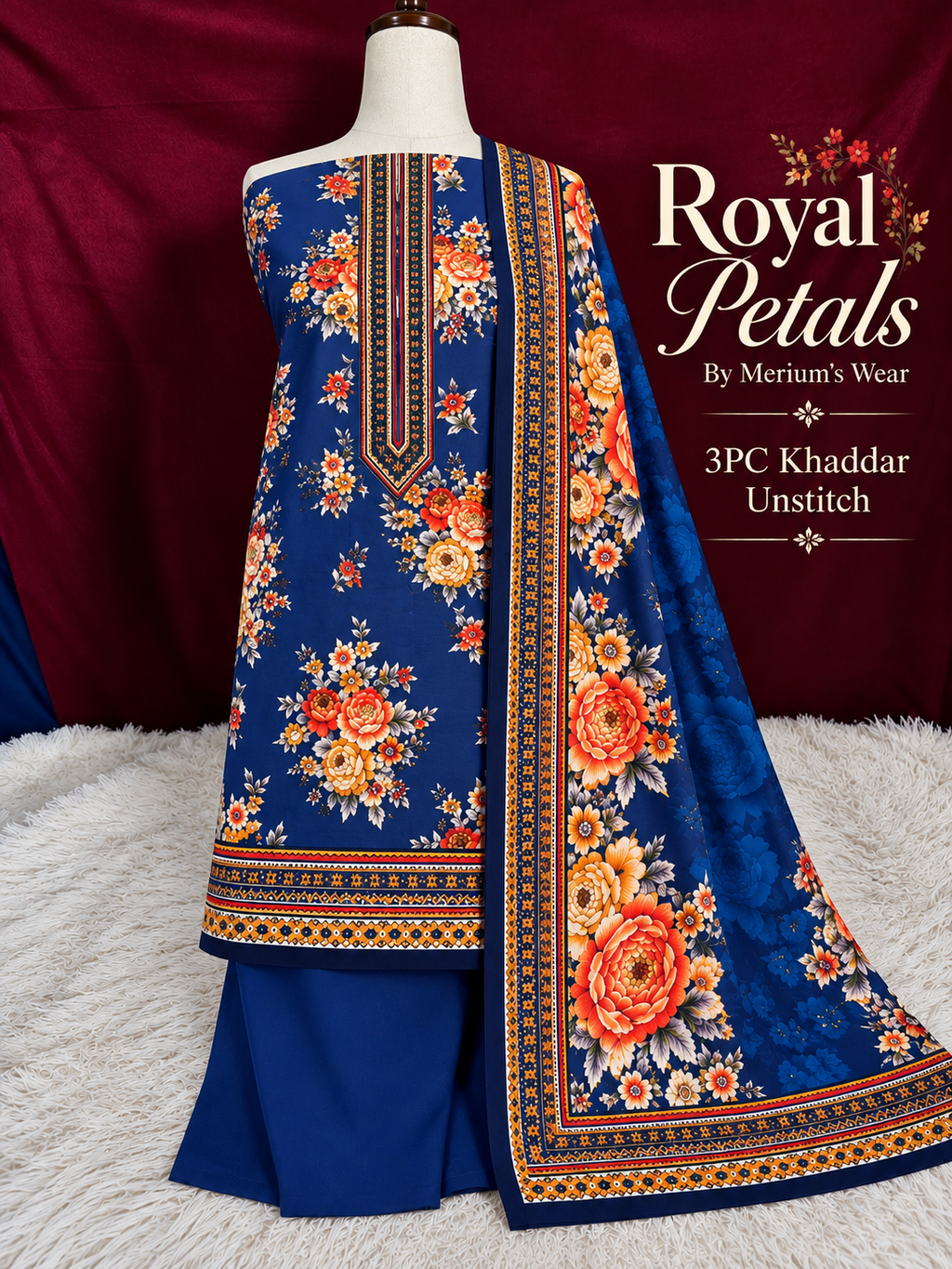 🌸 Royal Petals – 3PC Khaddar Unstitched Suit | Merium’s Wear 💙✨